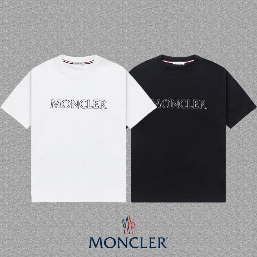 P140 [MONCLER] 2025FW short-sleeved T-shirt, LOGO printing, high-end 26s double yarn 300g fabric, heavy fabric, custom stretcher rib, same vat and dye, three standard complete, same style for men and women, color: black, white, size: S M L XL 2XL