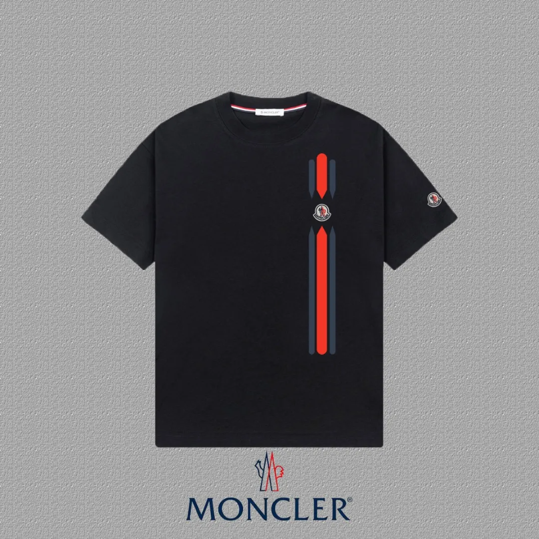 P140 [MONCLER] 2025FW short-sleeved T-shirt, badge + LOGO printing, high-end 26s double yarn 300g fabric, heavy fabric, custom stretch rib, same cylinder and dye, complete three standards, same style for men and women, color: black, white, size: S M L XL 2XL