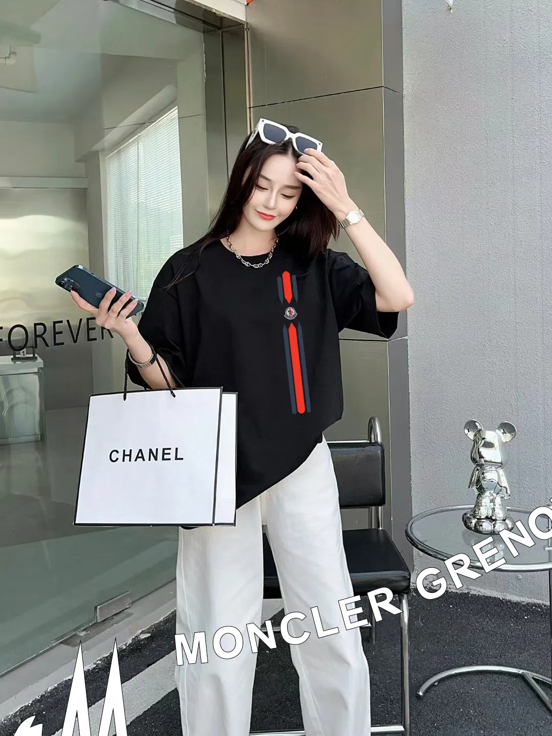 P140 [MONCLER] 2025FW short-sleeved T-shirt, badge + LOGO printing, high-end 26s double yarn 300g fabric, heavy fabric, custom stretch rib, same cylinder and dye, complete three standards, same style for men and women, color: black, white, size: S M L XL 2XL