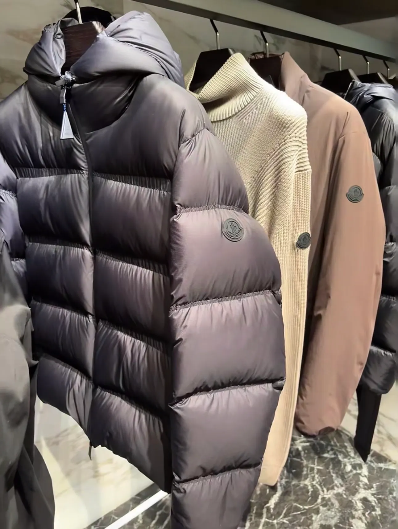 P900 Moncler Masac men's short down jacket. Real shot display at the counter.