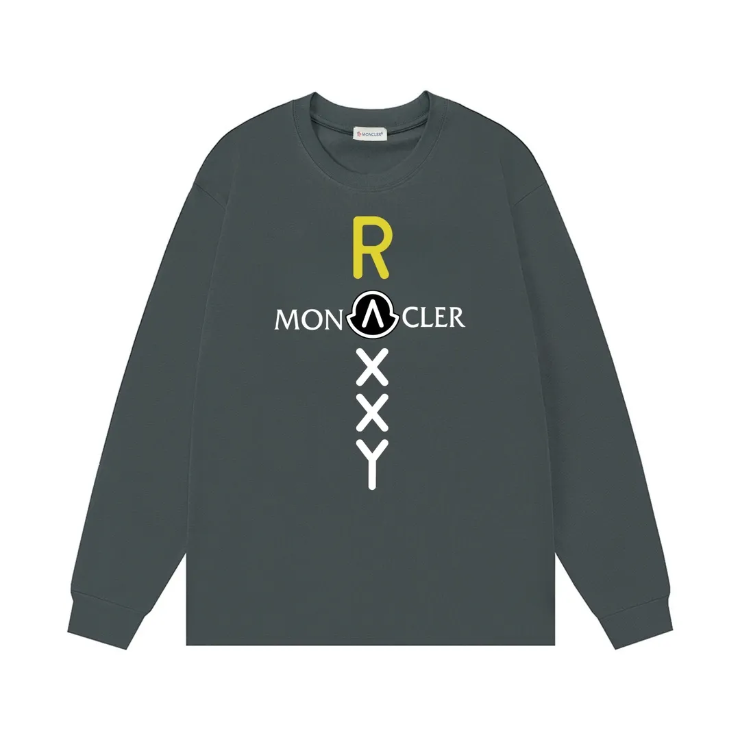 P170 Moncler 2025 new model, light luxury, cross printed letter logo, same style for men and women, long-sleeved T-shirt ·Customized 300g 100% double yarn pure cotton fabric ·Dyeing 32 count double-strand thread ·Collar label, hangtag, main mark and three labels complete Color: Gray Size: XS S M L