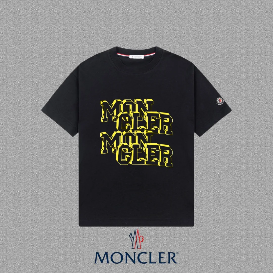 P140 🔥[MONCLER] 2025FW short-sleeved T-shirt, badge + LOGO printing, high-end 26s double yarn 300g fabric, heavy fabric, custom stretcher rib, same vat and dye, complete three standards, same style for men and women, color: black, white, size: S M L XL 2XL