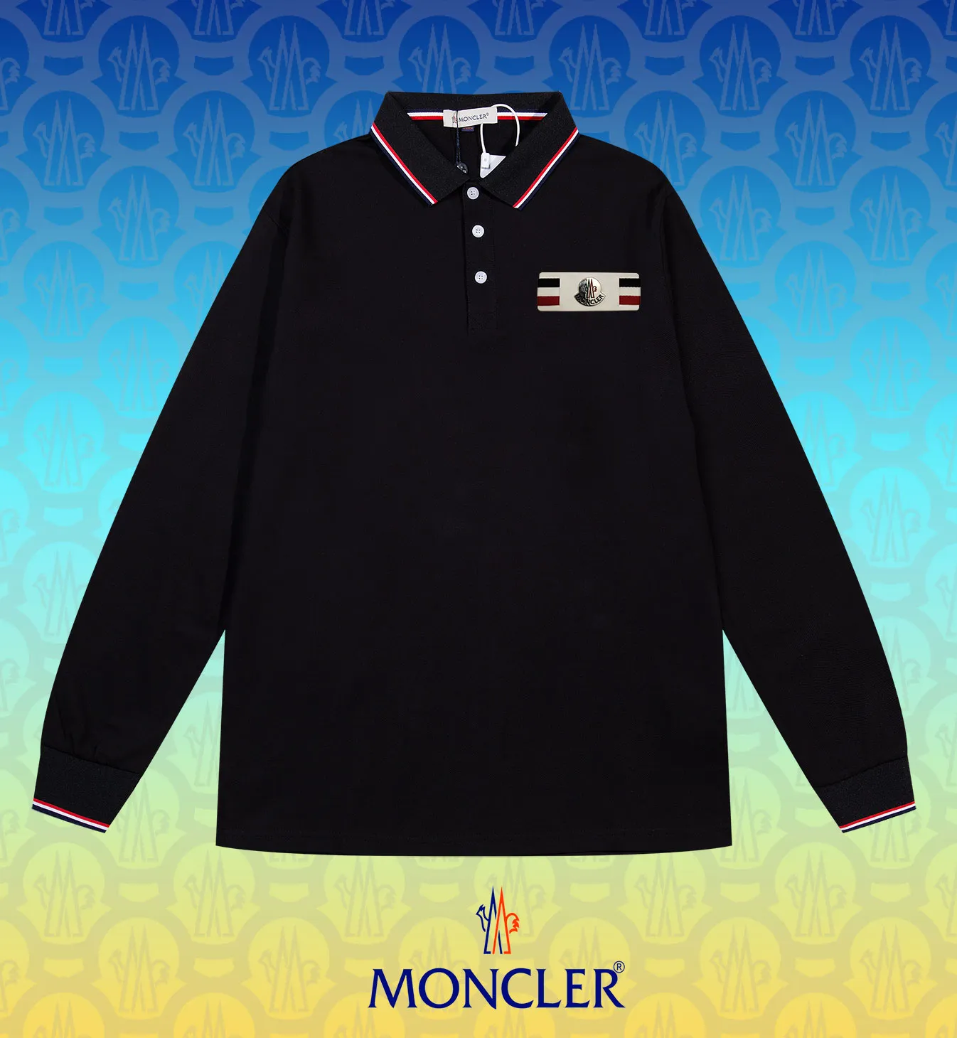 P200 [New model in stock] 𝐌𝐎𝐍𝐂𝐋𝐄𝐑~Mengkou #2024 early spring new high-quality lapel long-sleeved POLO shirt, counter-customized fabrics with high breathability and comfort, impeccable details, the brand's simple element design concept, reflecting high quality. It feels delicate and soft! It presents a casual cut and the upper body shape is great! The chest is filled with three-dimensional embroidery of the brand LOGO to highlight quality and luxury. Color: black, white Size: M~L~XL~2XL~3XL