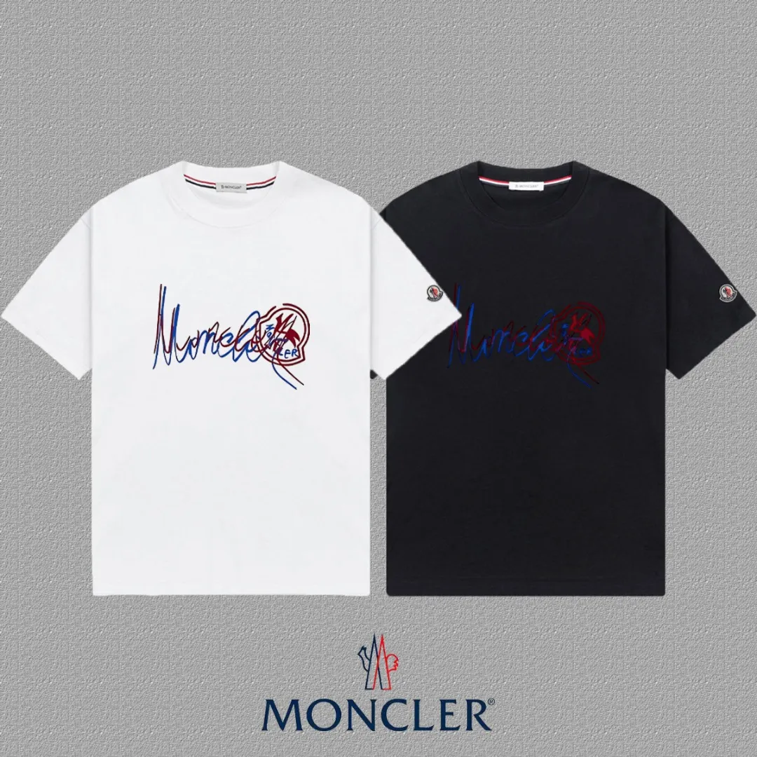P140 [MONCLER] 2025FW short-sleeved T-shirt with badge + LOGO, high-end 26s double yarn 300g fabric, heavy fabric, custom stretcher rib, same cylinder and dye, complete three standards, same style for men and women, color: black, white, size: S M L XL 2XL