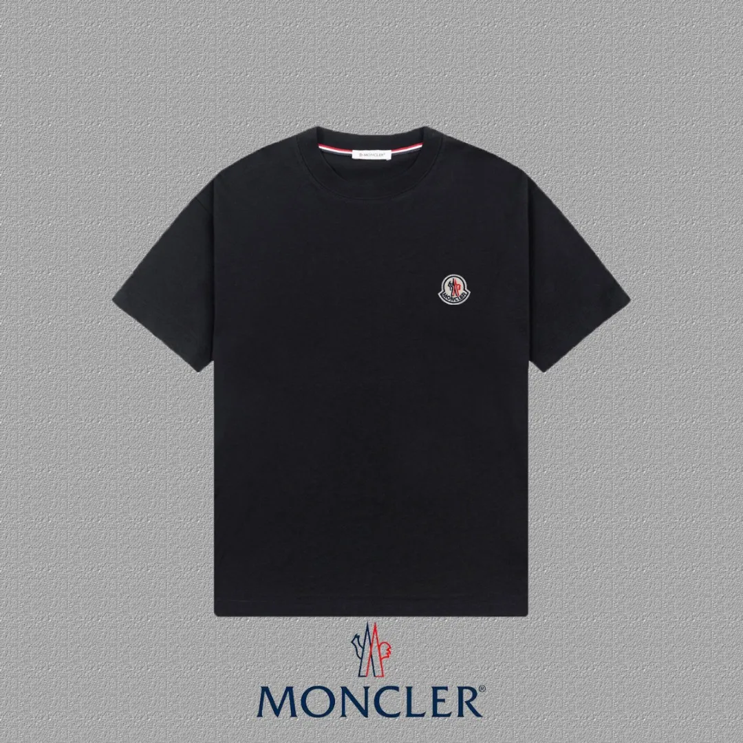 P140 🔥[MONCLER] 2025FW short-sleeved T-shirt, badge LOGO, high-end 26s double yarn 300g fabric, heavy fabric, custom stretcher rib, same vat and dye, complete three standards, same style for men and women, color: black, white, size: S M L XL 2XL
