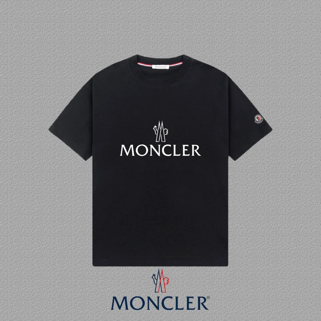 P140 🔥[MONCLER] 2025FW short-sleeved T-shirt, badge + LOGO thick plate, high-end 26s double yarn 300g fabric, heavy fabric, custom stretcher rib, same cylinder and dye, complete three standards, same style for men and women, color: black, white, size: S M L XL 2XL
