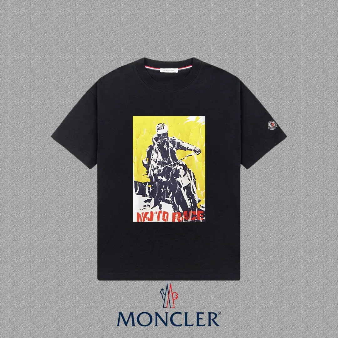 P140 🔥 [MONCLER] 2025FW short-sleeved T-shirt with badge + LOGO, high-end 26s double yarn 300g fabric, heavy fabric, custom stretcher rib, same vat and dye, complete three standards, same style for men and women, color: black, white, size: S M L XL 2XL