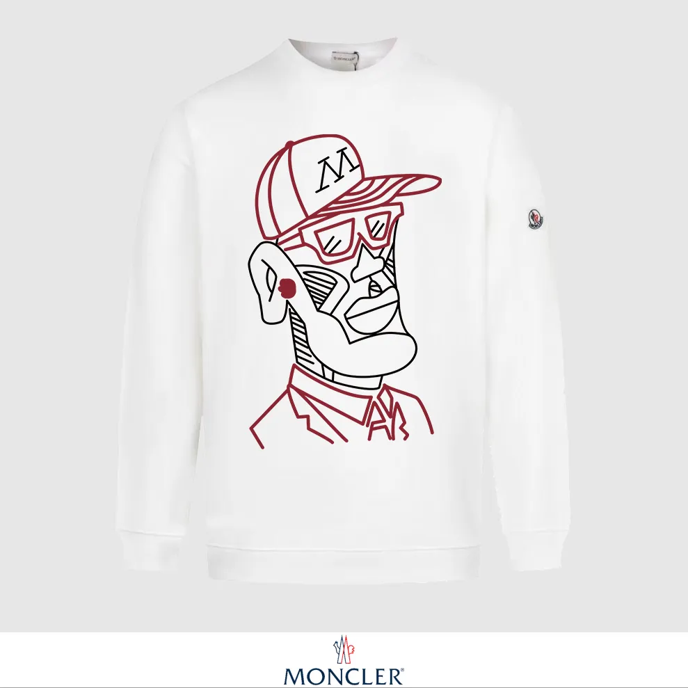 P240 Recommend the most popular Moncler masked 380g printed terry crew neck sweatshirt. Breathable pure cotton fabric. The texture is very soft and comfortable. No shrinkage, no deformation, no pilling). Original customized accessories. Collar label. Wash mark. Hang tag. Packaging (perfect details). Color: White. Black. Size: XS S M L.