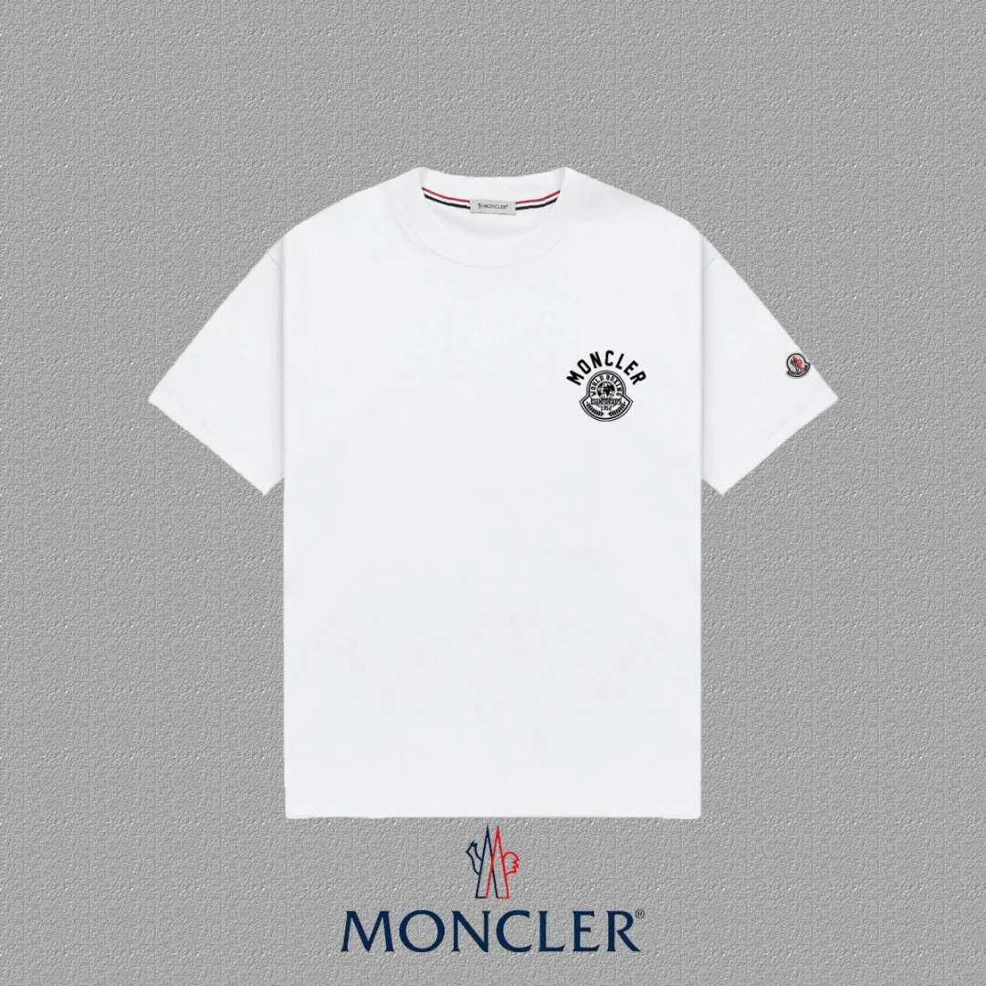 P140 🔥[MONCLER] 2025FW short-sleeved T-shirt, badge + LOGO printing, high-end 26s double yarn 300g fabric, heavy fabric, custom stretcher rib, same vat and dye, complete three standards, same style for men and women, color: black, white, size: S M L XL 2XL