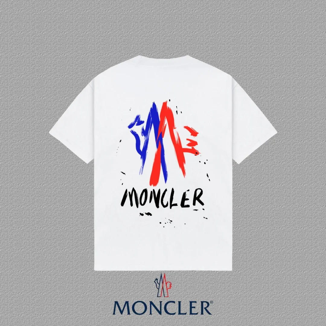 P140 🔥 [MONCLER] 2025FW short-sleeved T-shirt with badge + LOGO, high-end 26s double yarn 300g fabric, heavy fabric, custom stretcher rib, same vat and dye, complete three standards, same style for men and women, color: black, white, size: S M L XL 2XL