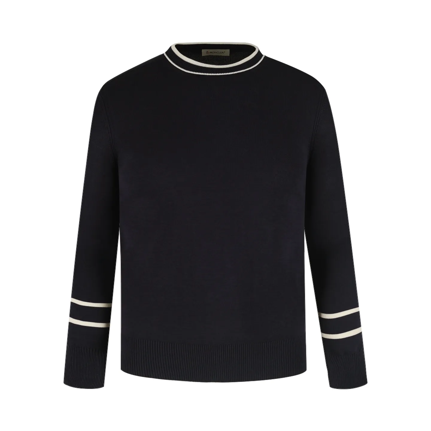 P440 Exclusive supply] Moncler color-blocked collar knitted sweater (black). The original version was purchased and developed at 5550. It is spun with custom-dyed black pure cotton yarn, and the computer plate-making positioning jacquard black and white color-blocked collar pattern. Made with imported 16-needle knitting machine. The small mark on the arm is embroidered with red and blue insignia using a BEHRINGER imported embroidery machine, and then a Czech sewing machine is used to sew the upper body side by side. Size:M/L/XL/XXL