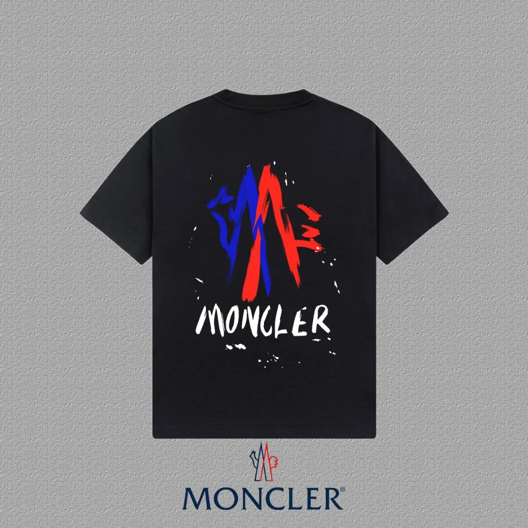 P140 🔥 [MONCLER] 2025FW short-sleeved T-shirt with badge + LOGO, high-end 26s double yarn 300g fabric, heavy fabric, custom stretcher rib, same vat and dye, complete three standards, same style for men and women, color: black, white, size: S M L XL 2XL