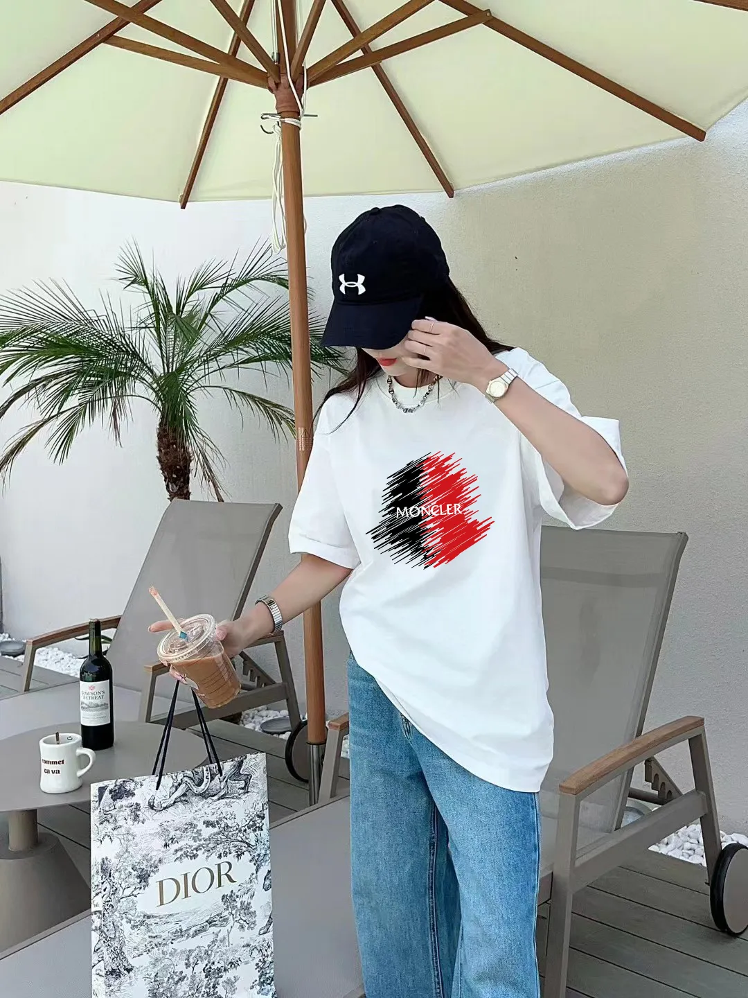 P140 🔥 [MONCLER] 2025FW short-sleeved T-shirt LOGO printing, high-end 26s double yarn 300g fabric, heavy fabric, custom stretcher rib, same vat and dye, complete three standards, same style for men and women, color: black, white, size: S M L XL 2XL