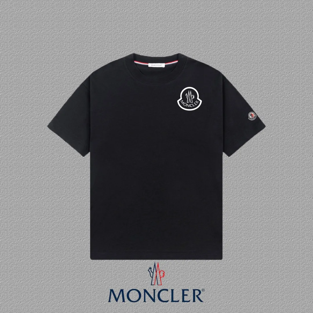 P140 [MONCLER] 2025FW short-sleeved T-shirt, badge + LOGO thick plate, high-end 26s double yarn 300g fabric, heavy fabric, custom stretcher rib, same cylinder and dye, complete three standards, same style for men and women, color: black, white, size: S M L XL 2XL