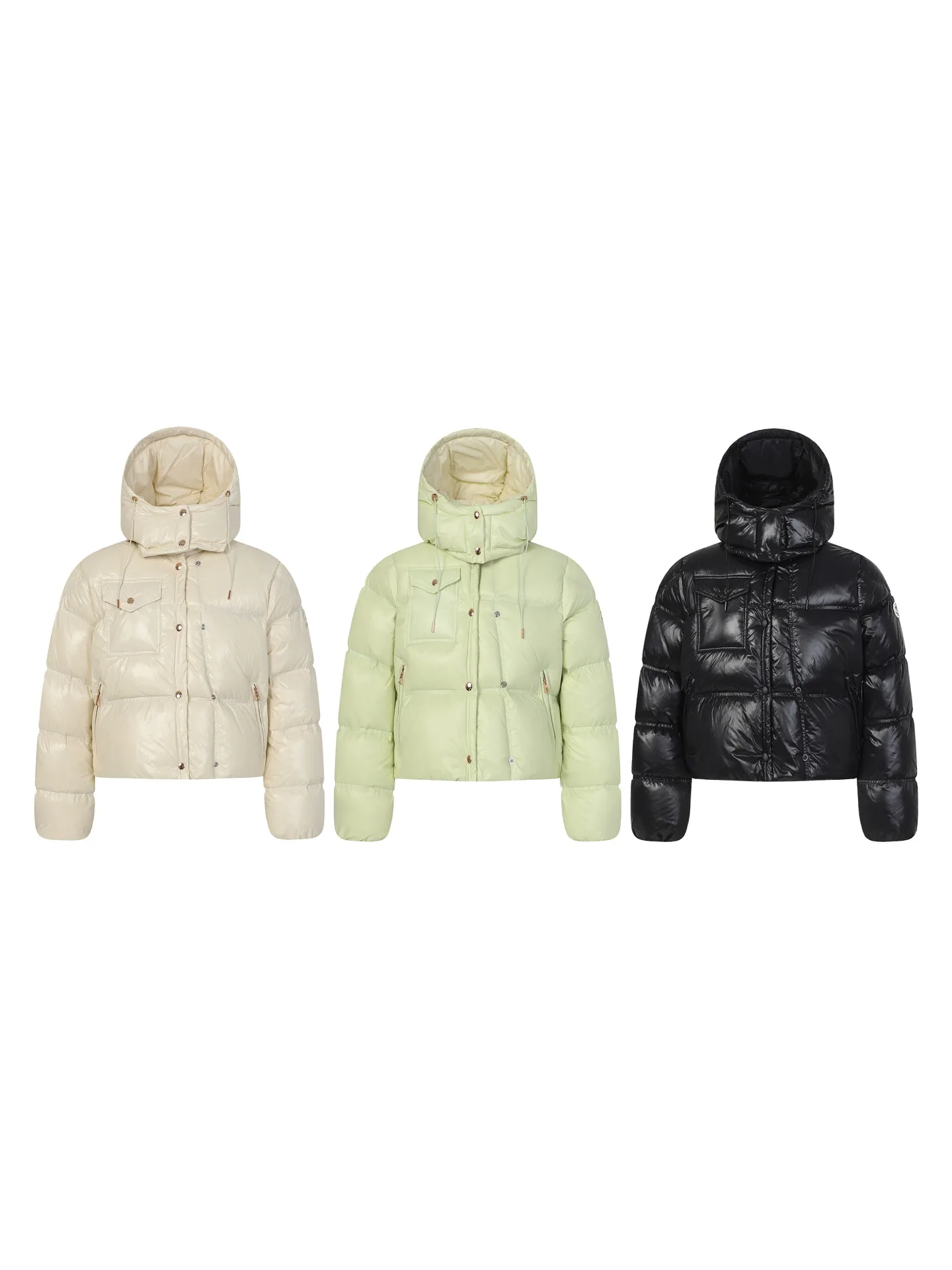 P920 Moncler/Meng Mouth Women's Square Quilted Hooded Short Down Jacket Fabric selection: Selected high-density super laqué nylon fabric, matched with lightweight down filling, and nylon lining design, which ensures excellent thermal performance while showing an avant-garde urban style.  Craftsmanship and details: The short silhouette is paired with innovative super laqué nylon fabric, which presents a unique glossy texture and perfectly blends functionality and fashion. Breakthrough asymmetrical tailoring, with double-button closure system. Three-dimensional geometric quilting technology, creating visual hierarchy through differentiated quilting sizes on the body and sleeves. Detachable and adjustable hood design to meet various dressing needs. Double closure system (zipper + snap button) ensures windproof and warm. Multifunctional storage space: zipper security pocket + snap-button chest pocket. Drawstring hem design, the tightness can be adjusted freely. 90 national standard high-quality white duck down: Selected high-loft down, weighing 210g, light and warm, with excellent temperature locking performance and good resilience.  Accessories: Customized armband Customized snap button Customized zipper puller Color: black/beige/green SIZE: 1/2/3/4