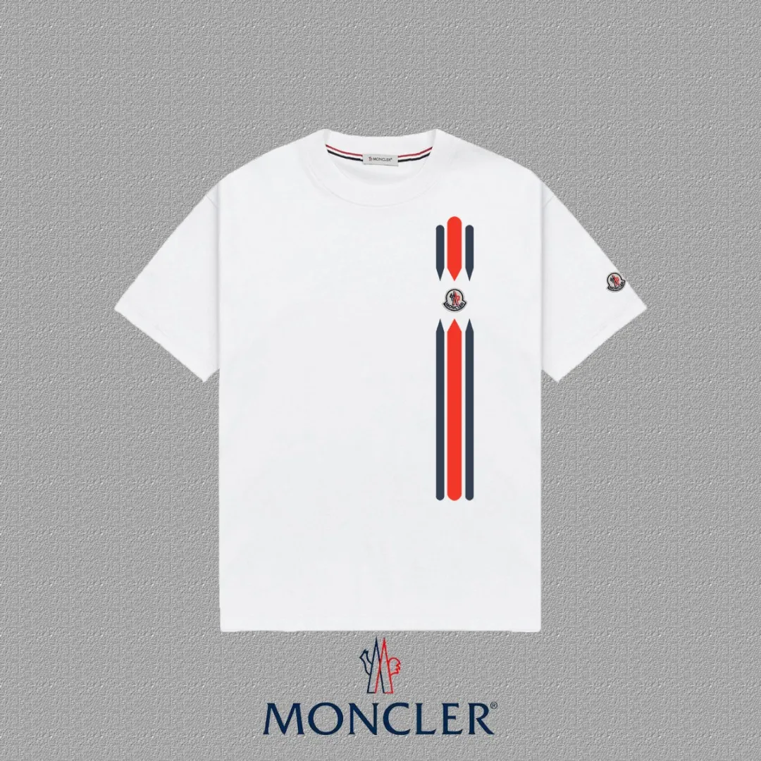 P140 [MONCLER] 2025FW short-sleeved T-shirt, badge + LOGO printing, high-end 26s double yarn 300g fabric, heavy fabric, custom stretch rib, same cylinder and dye, complete three standards, same style for men and women, color: black, white, size: S M L XL 2XL