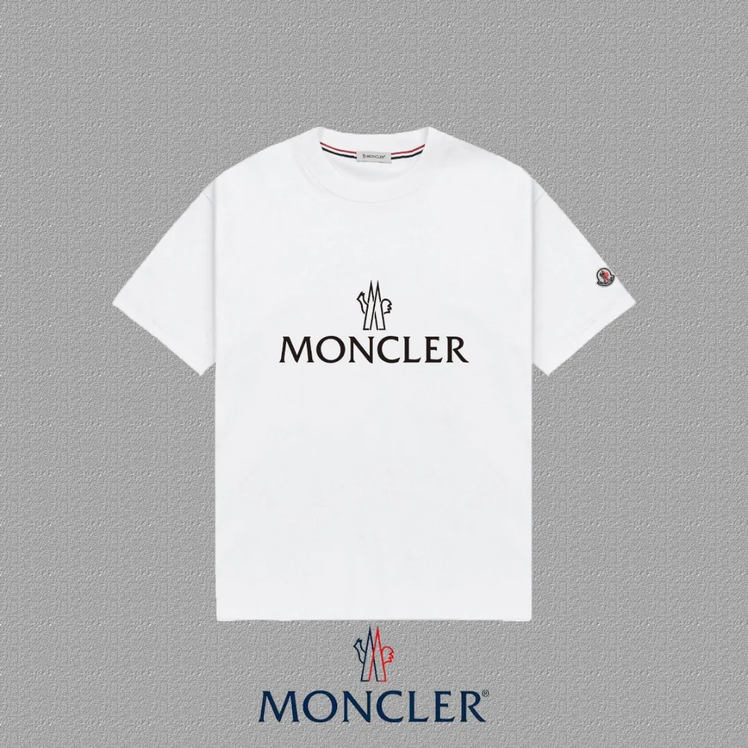 P140 [MONCLER] 2025FW short-sleeved T-shirt, badge + LOGO thick plate, high-end 26s double yarn 300g fabric, heavy fabric, custom stretcher rib, same cylinder and dye, complete three standards, same style for men and women, color: black, white, size: S M L XL 2XL