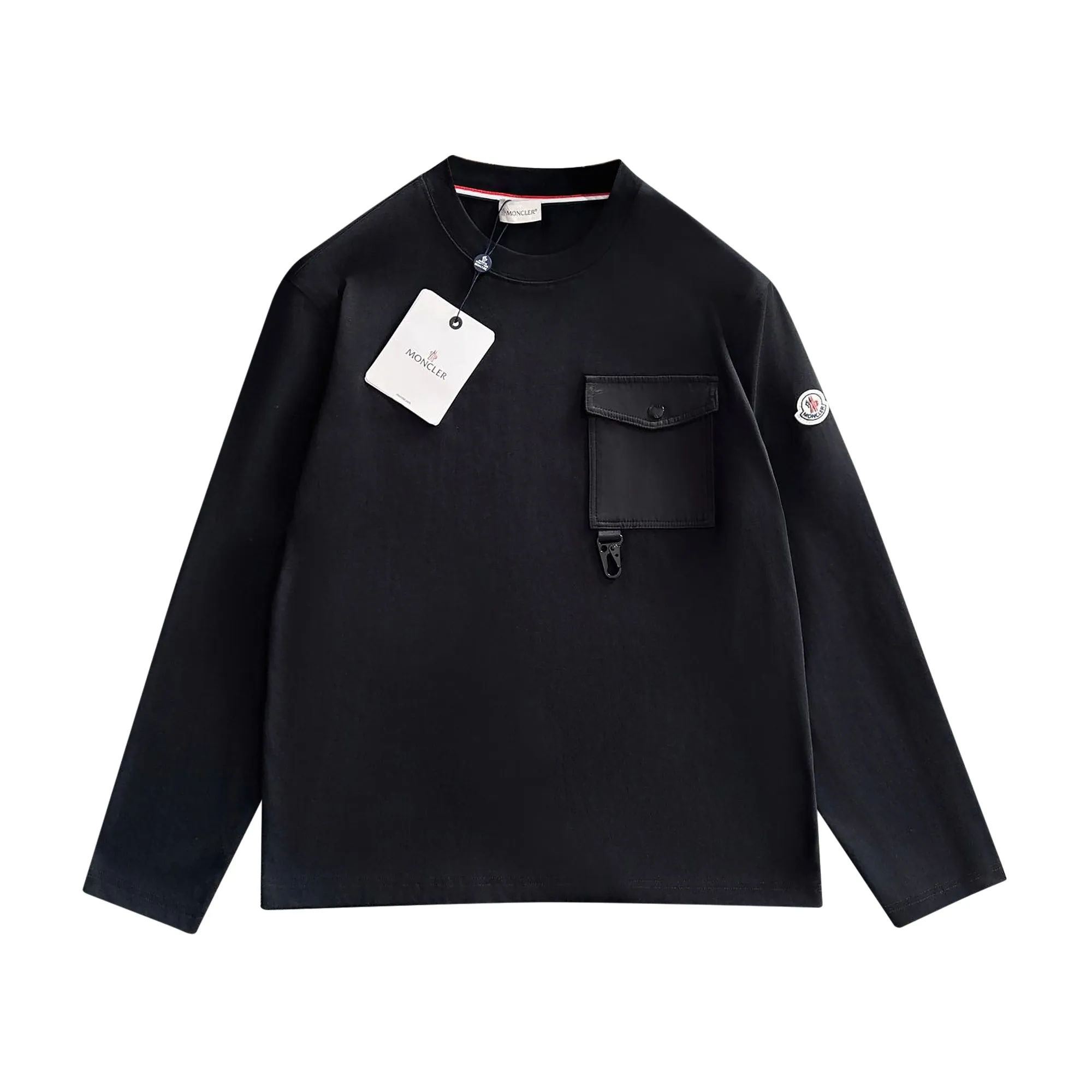 P190 Moncler 2025 new style Woven pocket splicing process Customized small logo Uniform style for men and women Long-sleeved T-shirt · Customized 280g pure cotton fabric · Custom dyed 32-count double-strand thread · Collar label, hangtag, main mark and three complete labels Color: black Size: XS S M L