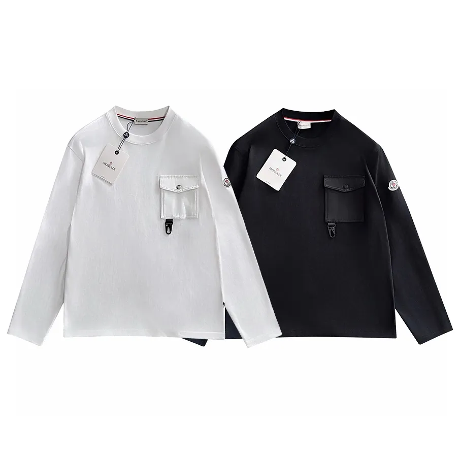 P190 Moncler 2025 new style Woven pocket splicing process Customized small logo Uniform style for men and women Long-sleeved T-shirt · Customized 280g pure cotton fabric · Custom dyed 32-count double-strand thread · Collar label, hangtag, main mark and three complete labels Color: black Size: XS S M L