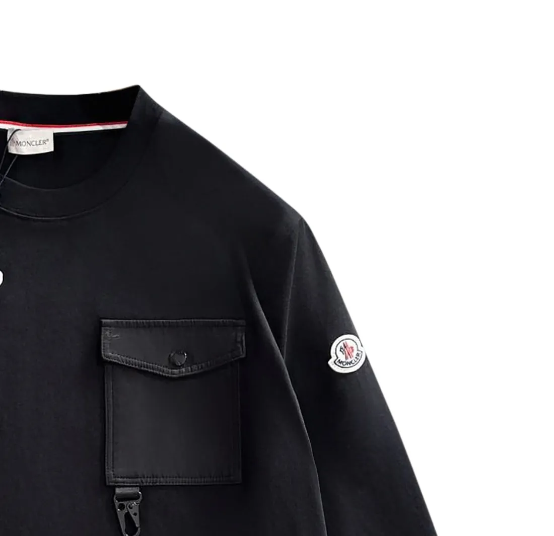 P190 Moncler 2025 new style Woven pocket splicing process Customized small logo Uniform style for men and women Long-sleeved T-shirt · Customized 280g pure cotton fabric · Custom dyed 32-count double-strand thread · Collar label, hangtag, main mark and three complete labels Color: black Size: XS S M L