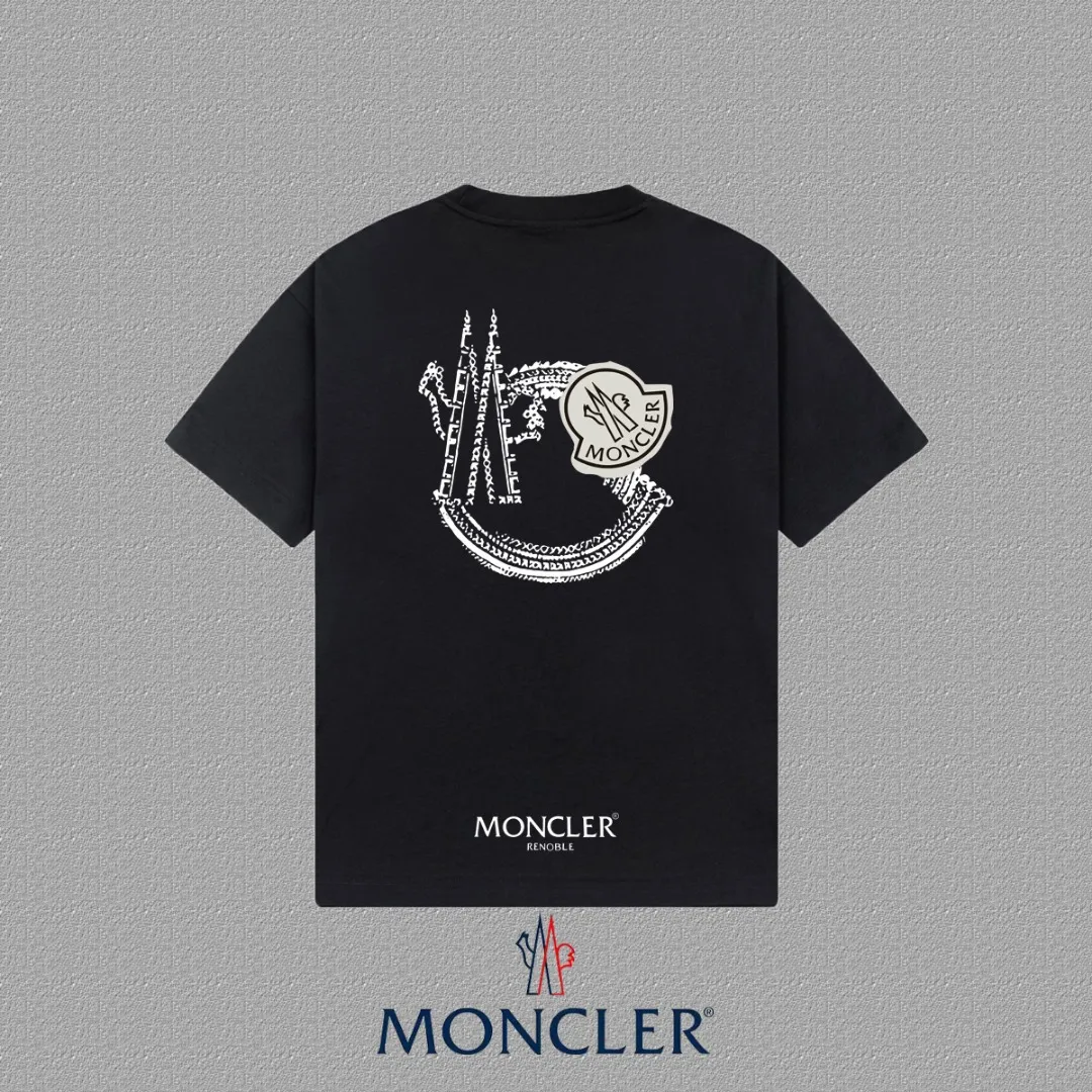P140 🔥 [MONCLER] 2025FW short-sleeved T-shirt with badge + LOGO, high-end 26s double yarn 300g fabric, heavy fabric, custom stretcher rib, same vat and dye, complete three standards, same style for men and women, color: black, white, size: S M L XL 2XL