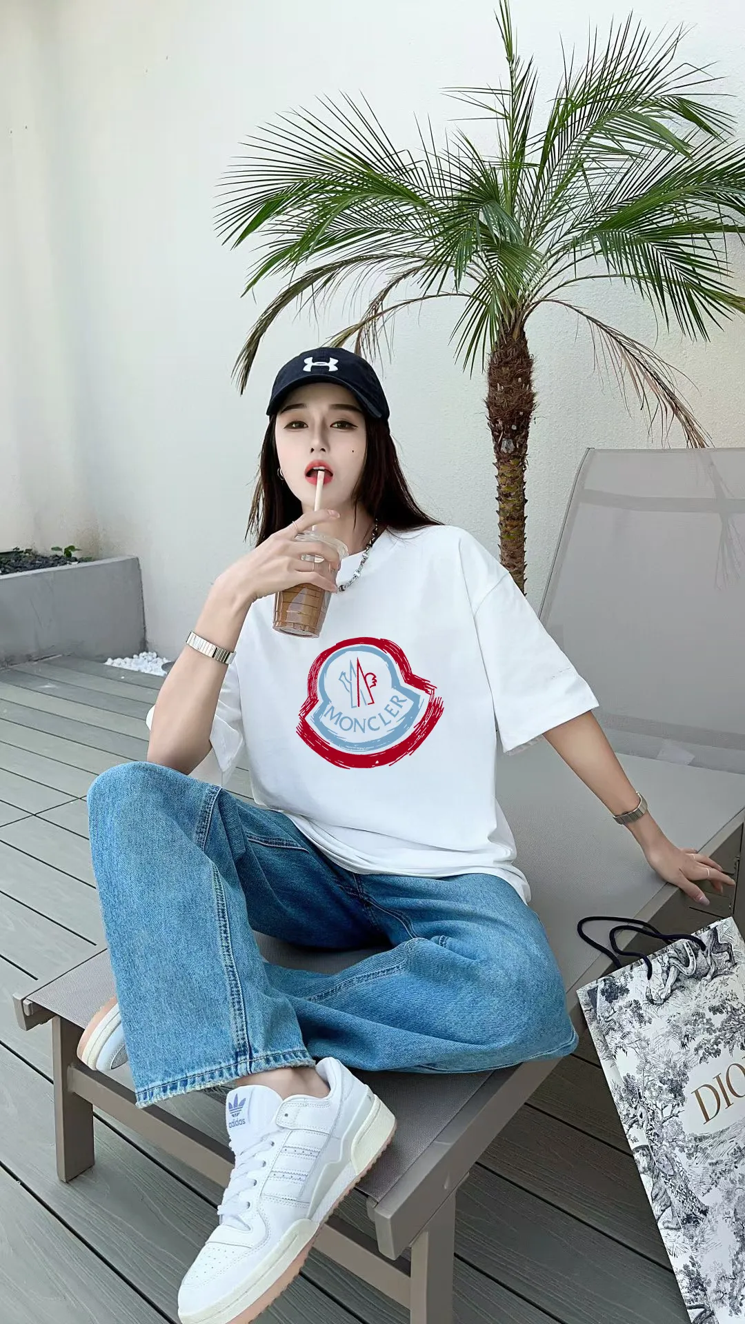 P140 [MONCLER] 2025FW short-sleeved T-shirt, LOGO printing, high-end 26s double yarn 300g fabric, heavy fabric, custom stretcher rib, same vat and dye, three standard complete, same style for men and women, color: black, white, size: S M L XL 2XL
