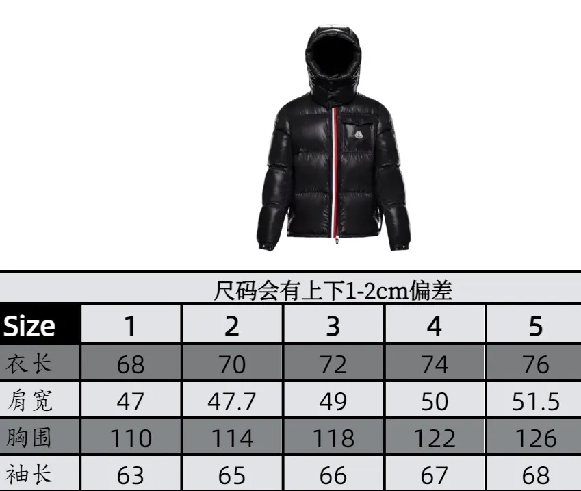 P1180 Moncler Montbeliard glossy down jacket The Montbeliard down jacket is made of shiny patent nylon and features highly recognizable rectangular quilting. Featuring a hooded design and signature patch pocket at chest.  Fabric: 100% nylon Filling content: 90% white goose down 250-300g Craftsmanship: Made of nylon laqué fabric Nylon laque lining Filled with down, detachable and adjustable hood with drawstring closure Built-in flap with webbing, black pocket details at the lower end Zipper closure Collar with snap buttons Zipper pockets Patch pockets with snap buttons Adjustable cuffs Adjustable elastic drawstring hem.  Size: 1 2 3 4 5 0548000