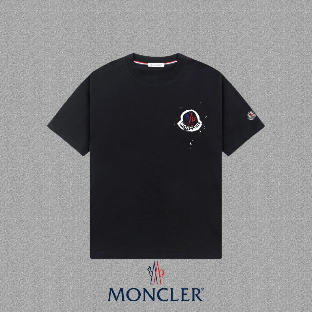 P140 [MONCLER] 2025FW short-sleeved T-shirt with badge + LOGO, high-end 26s double yarn 300g fabric, heavy fabric, custom stretcher rib, same cylinder and dye, complete three standards, same style for men and women, color: black, white, size: S M L XL 2XL