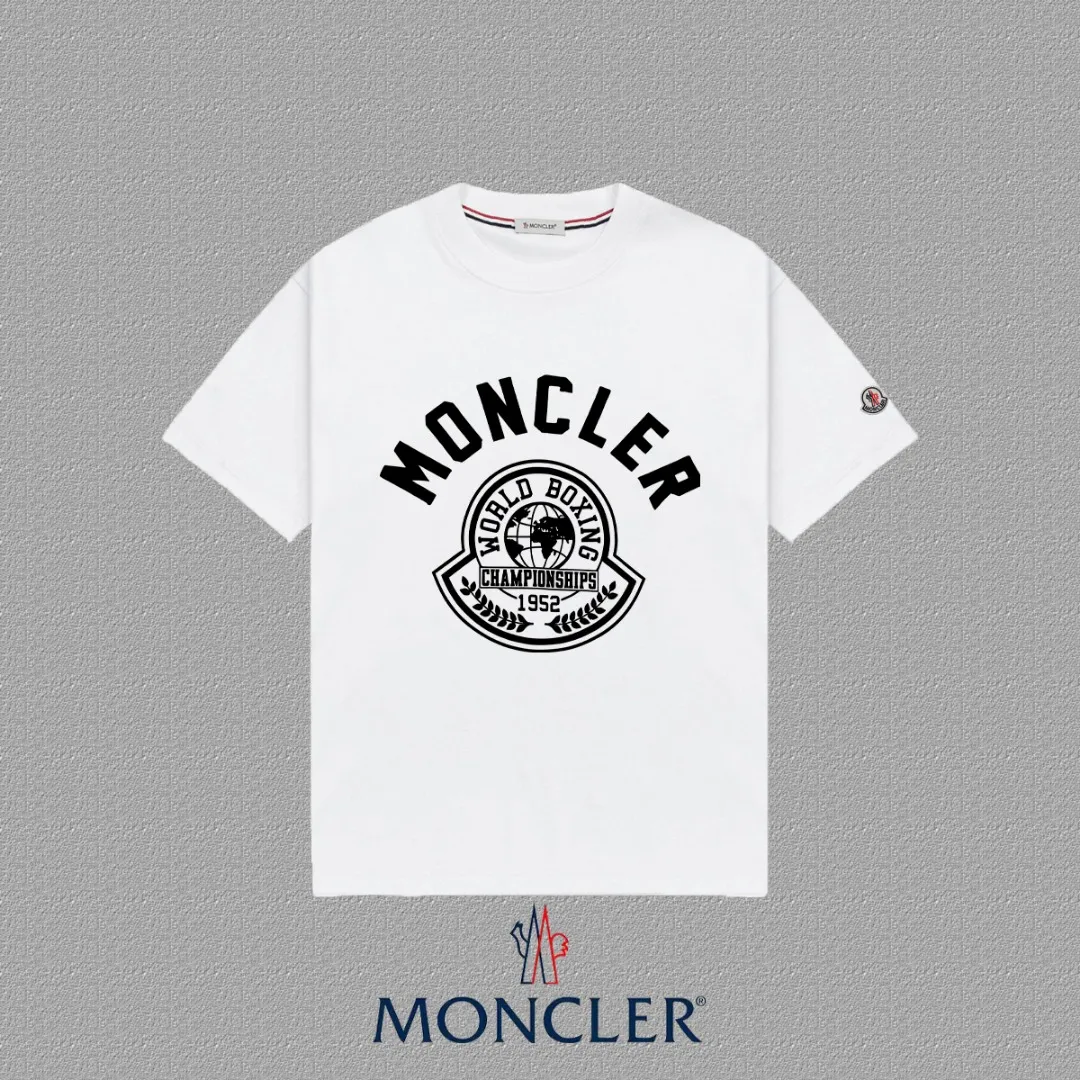 P140 [Moncler] 2025FW short-sleeved T-shirt LOGO printing, high-end 26s double yarn 300g fabric, heavy fabric, custom stretcher rib, same vat and dye, complete three standards, same style for men and women, color: black, white, size: S M L XL 2XL