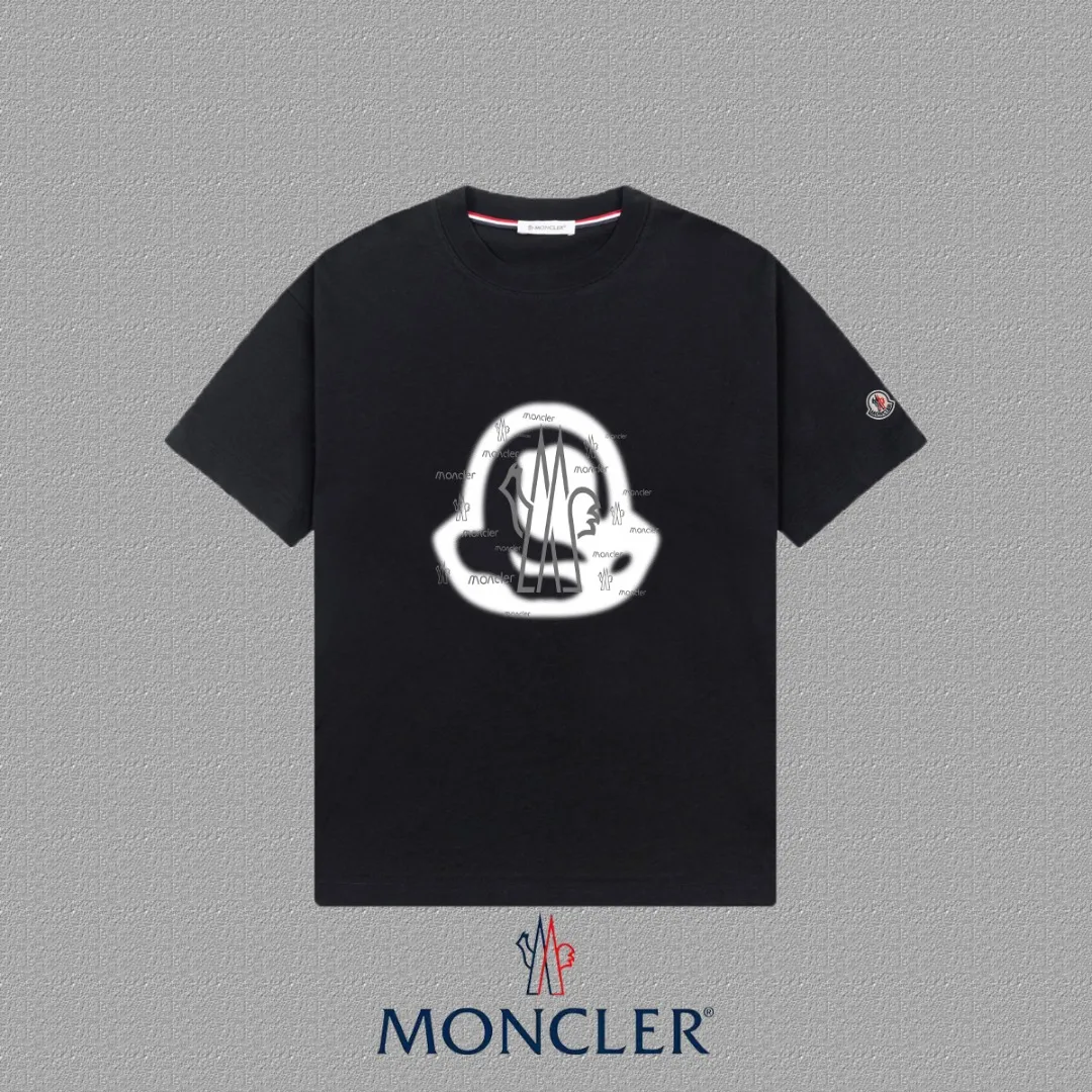P140 [MONCLER] 2025FW short-sleeved T-shirt, badge + LOGO printing, high-end 26s double yarn 300g fabric, heavy fabric, custom stretch rib, same cylinder and dye, complete three standards, same style for men and women, color: black, white, size: S M L XL 2XL