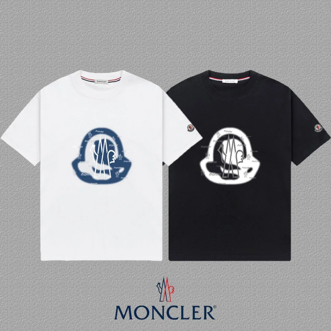 P140 [MONCLER] 2025FW short-sleeved T-shirt, badge + LOGO printing, high-end 26s double yarn 300g fabric, heavy fabric, custom stretch rib, same cylinder and dye, complete three standards, same style for men and women, color: black, white, size: S M L XL 2XL