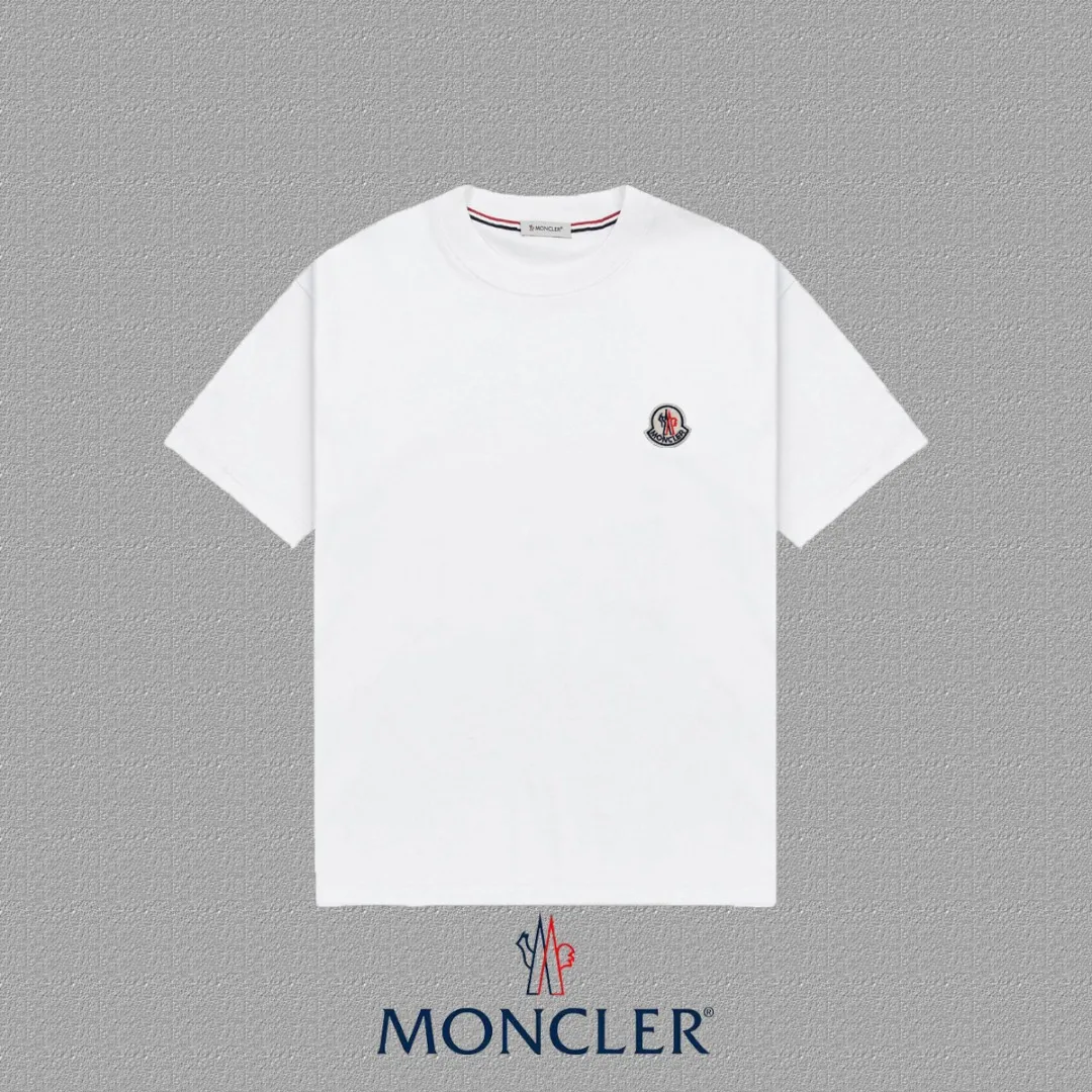 P140 [MONCLER] 2025FW short-sleeved T-shirt, badge LOGO, high-end 26s double yarn 300g fabric, heavy fabric, custom stretch rib, same vat and dye, complete three standards, same style for men and women, color: black, white, size: S M L XL 2XL