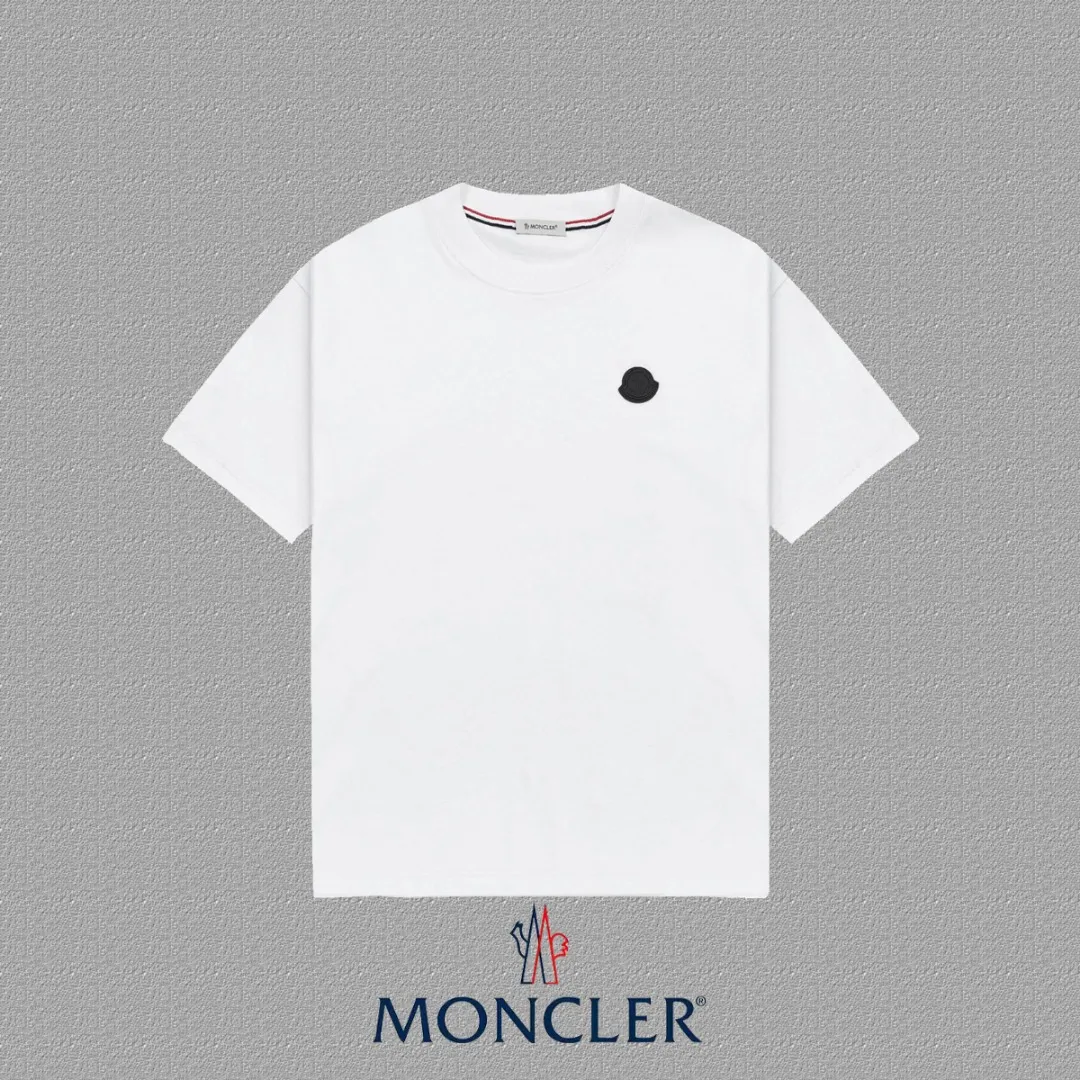 P140 🔥[MONCLER] 2025FW short-sleeved T-shirt, badge LOGO, high-end 26s double yarn 300g fabric, heavy fabric, custom stretcher rib, same vat and dye, complete three standards, same style for men and women, color: black, white, size: S M L XL 2XL