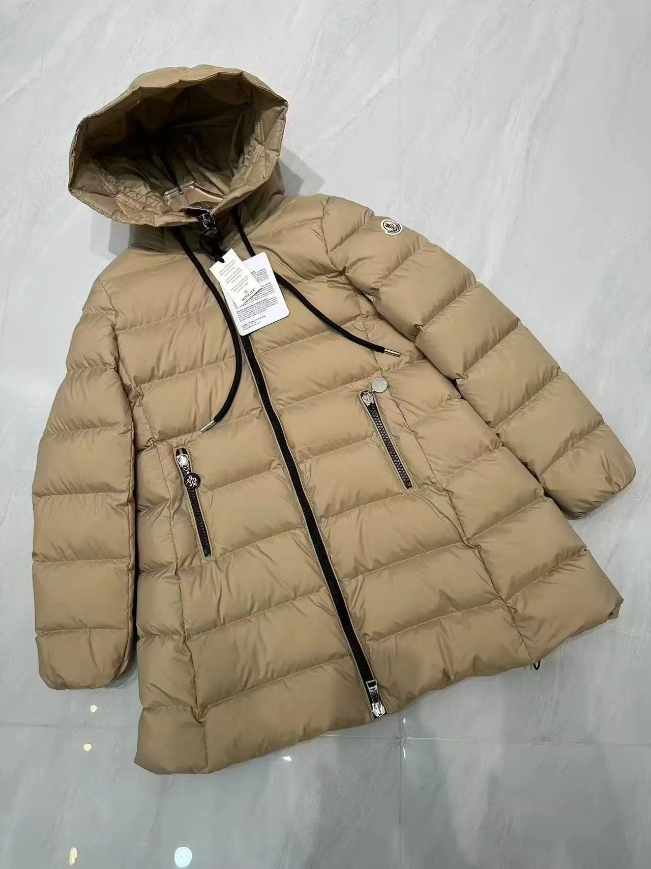 P1180 Moncler Suyen 25 new style mid-length women's drawstring waist hooded doll style down jacket Color: black khaki olive green Size: 012