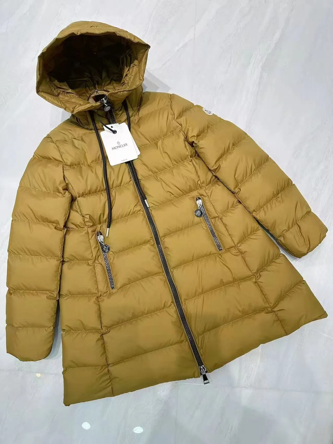 P1180 Moncler Suyen 25 new style mid-length women's drawstring waist hooded doll style down jacket Color: black khaki olive green Size: 012