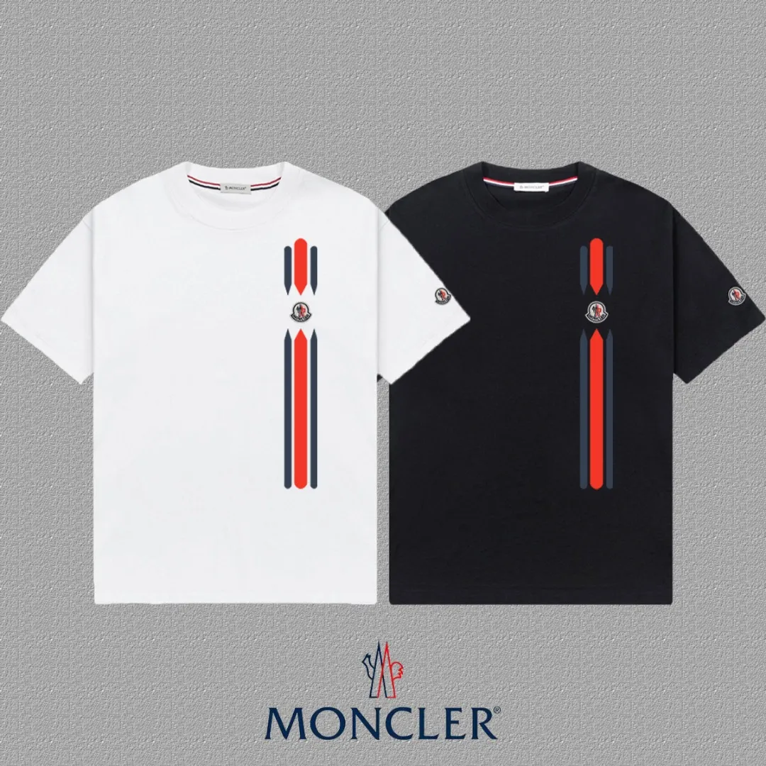 P140 🔥[MONCLER] 2025FW short-sleeved T-shirt, badge + LOGO printing, high-end 26s double yarn 300g fabric, heavy fabric, custom stretcher rib, same vat and dye, complete three standards, same style for men and women, color: black, white, size: S M L XL 2XL