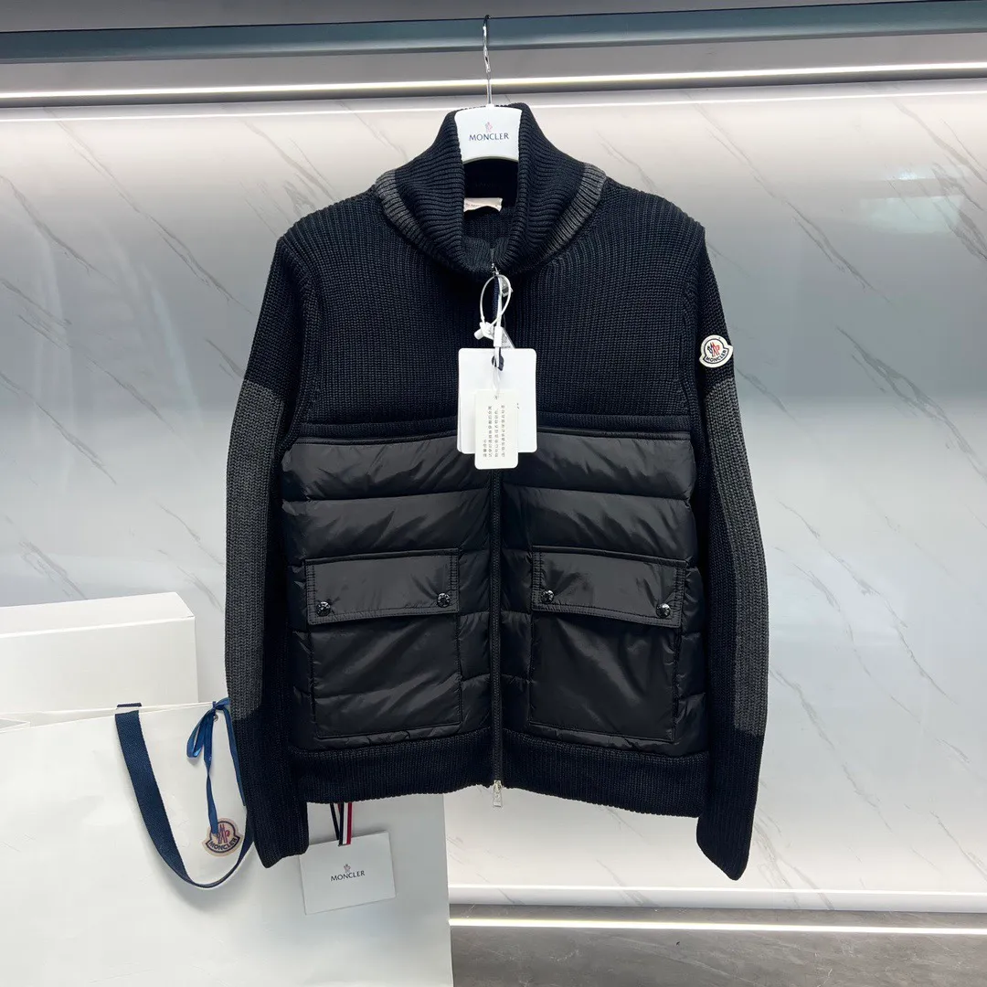 P680 Guangzhou high version Moncler Moncler knitted down solid color connecting zipper double pocket jacket thin coat black military green S M L XL