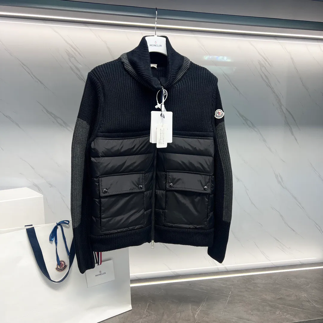 P680 Guangzhou high version Moncler Moncler knitted down solid color connecting zipper double pocket jacket thin coat black military green S M L XL