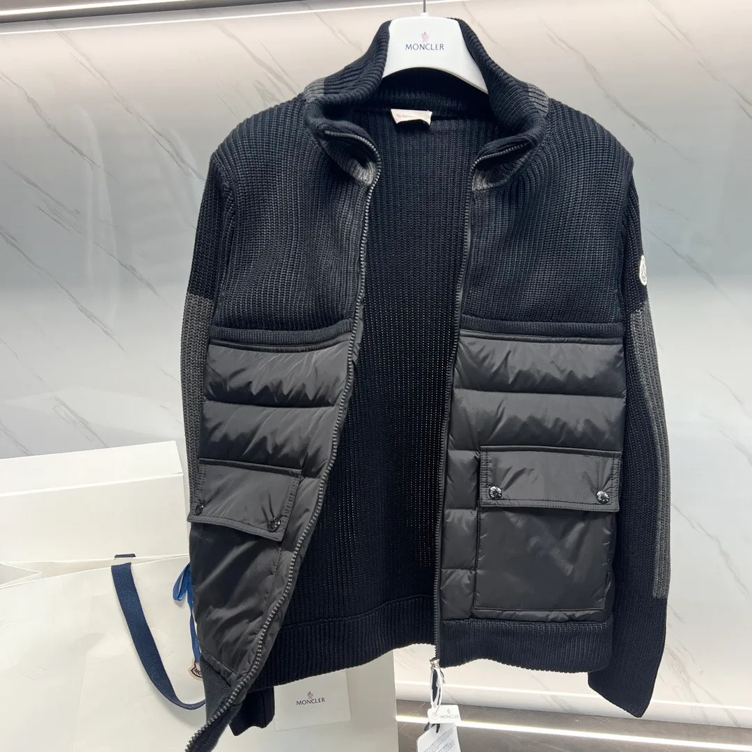 P680 Guangzhou high version Moncler Moncler knitted down solid color connecting zipper double pocket jacket thin coat black military green S M L XL