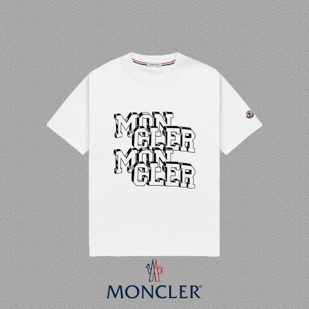 P140 [MONCLER] 2025FW short-sleeved T-shirt, badge + LOGO printing, high-end 26s double yarn 300g fabric, heavy fabric, custom stretch rib, same cylinder and dye, complete three standards, same style for men and women, color: black, white, size: S M L XL 2XL