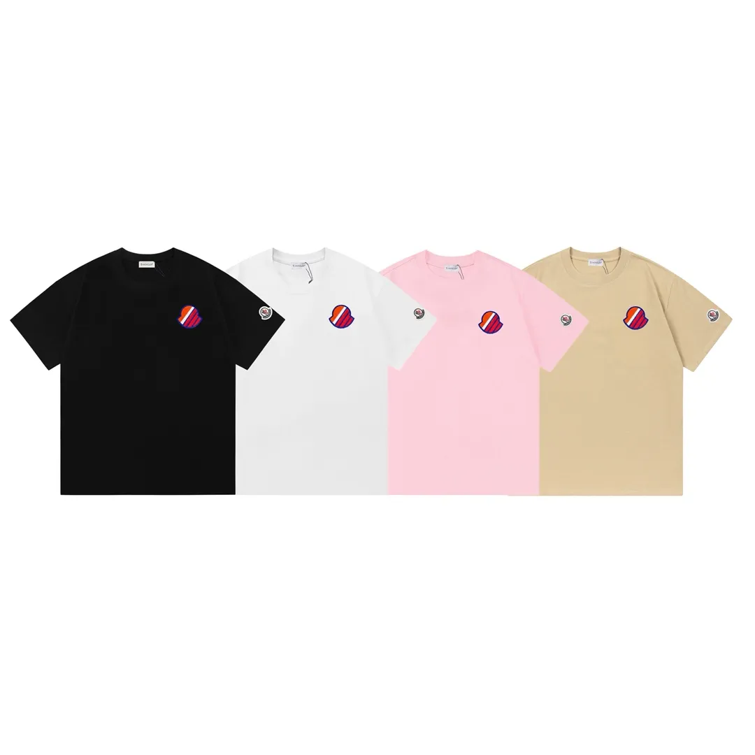 P150 Moncler 2026 early spring new style Imported machine high-density embroidered badge logo Customized small armband Same style for men and women Short-sleeved T-shirt ·Customized 300g 100% double yarn pure cotton fabric ·Dyeing 32 double-strand threads ·Collar label, hangtag, main mark and three labels complete Color: pink Size: XS S M L