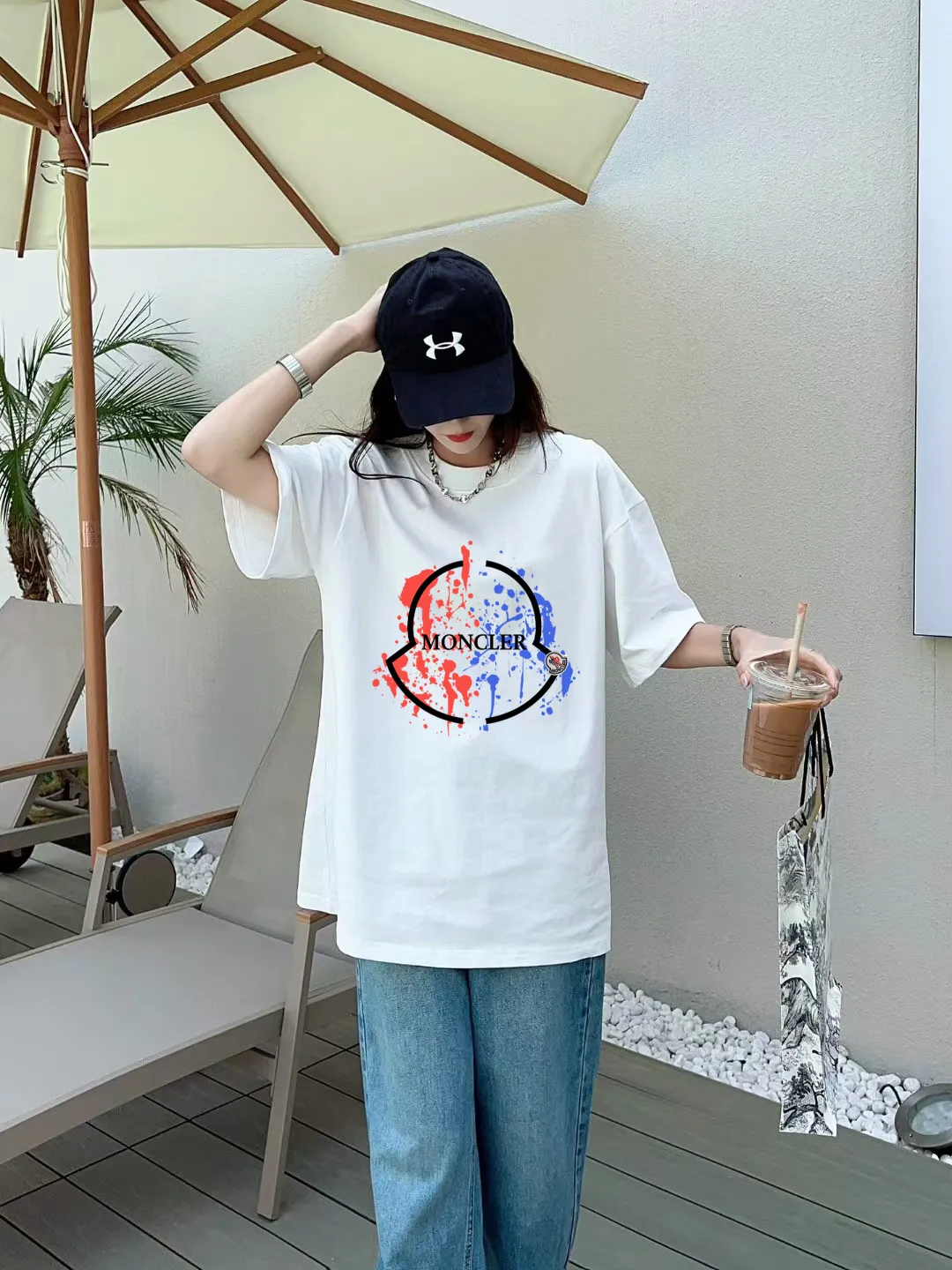 P140 [MONCLER] 2025FW short-sleeved T-shirt with badge + LOGO, high-end 26s double yarn 300g fabric, heavy fabric, custom stretcher rib, same cylinder and dye, complete three standards, same style for men and women, color: black, white, size: S M L XL 2XL