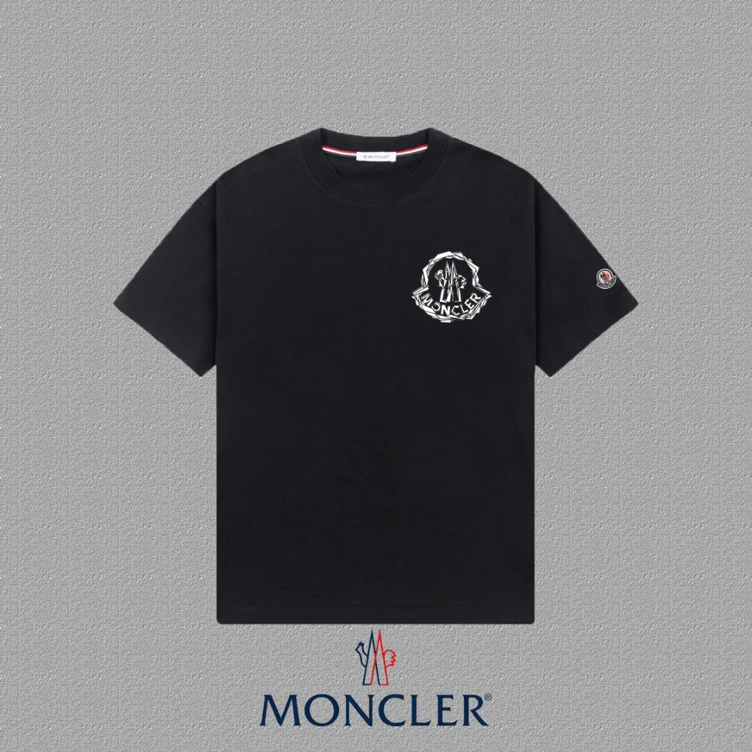 P140 [Moncler] 2025FW short-sleeved T-shirt LOGO printing, high-end 26s double yarn 300g fabric, heavy fabric, custom stretcher rib, same vat and dye, complete three standards, same style for men and women, color: black, white, size: S M L XL 2XL