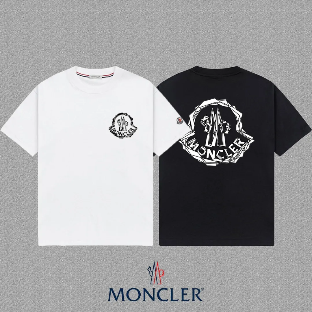 P140 [Moncler] 2025FW short-sleeved T-shirt LOGO printing, high-end 26s double yarn 300g fabric, heavy fabric, custom stretcher rib, same vat and dye, complete three standards, same style for men and women, color: black, white, size: S M L XL 2XL