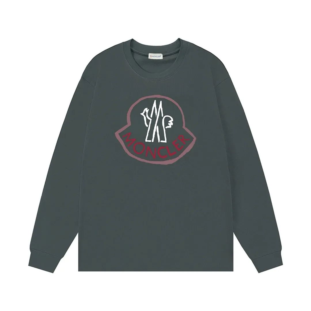 P180 Moncler 2025 new model, light luxury, classic printed letter logo, same style for men and women, long-sleeved T-shirt ·Customized 300g 100% double yarn pure cotton fabric ·Dyeing 32 count double-strand thread ·Collar label, hangtag, main mark and three labels complete Color: Gray Size: XS S M L