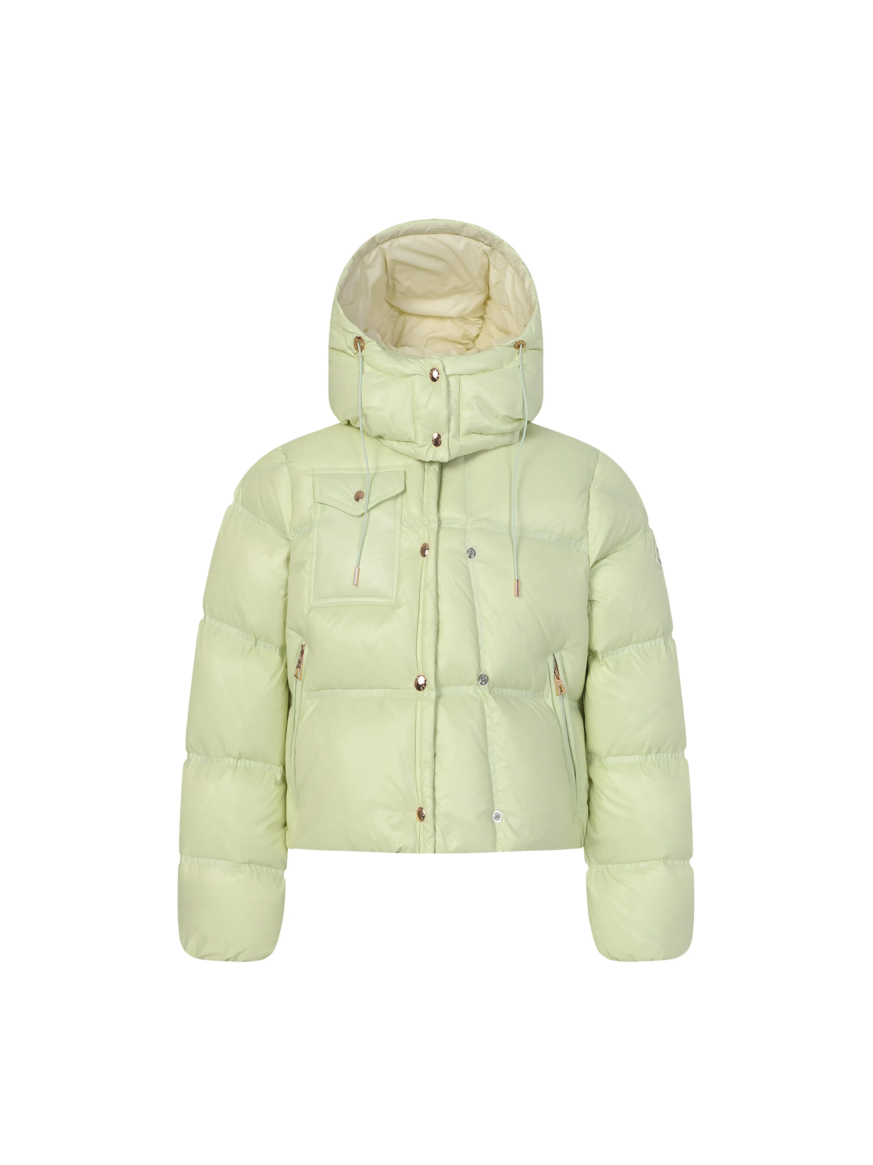 P920 Moncler/Meng Mouth Women's Square Quilted Hooded Short Down Jacket Fabric selection: Selected high-density super laqué nylon fabric, matched with lightweight down filling, and nylon lining design, which ensures excellent thermal performance while showing an avant-garde urban style.  Craftsmanship and details: The short silhouette is paired with innovative super laqué nylon fabric, which presents a unique glossy texture and perfectly blends functionality and fashion. Breakthrough asymmetrical tailoring, with double-button closure system. Three-dimensional geometric quilting technology, creating visual hierarchy through differentiated quilting sizes on the body and sleeves. Detachable and adjustable hood design to meet various dressing needs. Double closure system (zipper + snap button) ensures windproof and warm. Multifunctional storage space: zipper security pocket + snap-button chest pocket. Drawstring hem design, the tightness can be adjusted freely. 90 national standard high-quality white duck down: Selected high-loft down, weighing 210g, light and warm, with excellent temperature locking performance and good resilience.  Accessories: Customized armband Customized snap button Customized zipper puller Color: black/beige/green SIZE: 1/2/3/4