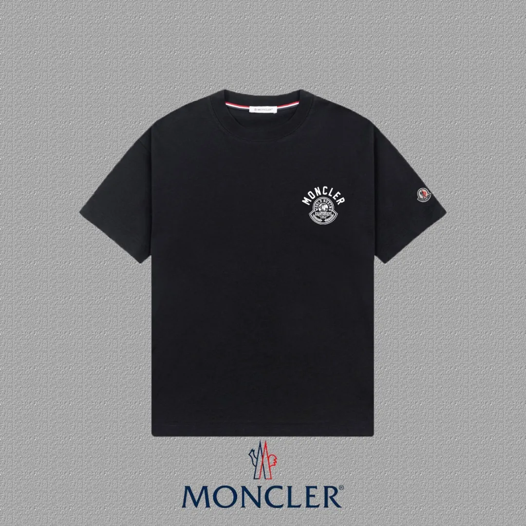 P140 [MONCLER] 2025FW short-sleeved T-shirt, badge + LOGO printing, high-end 26s double yarn 300g fabric, heavy fabric, custom stretch rib, same cylinder and dye, complete three standards, same style for men and women, color: black, white, size: S M L XL 2XL