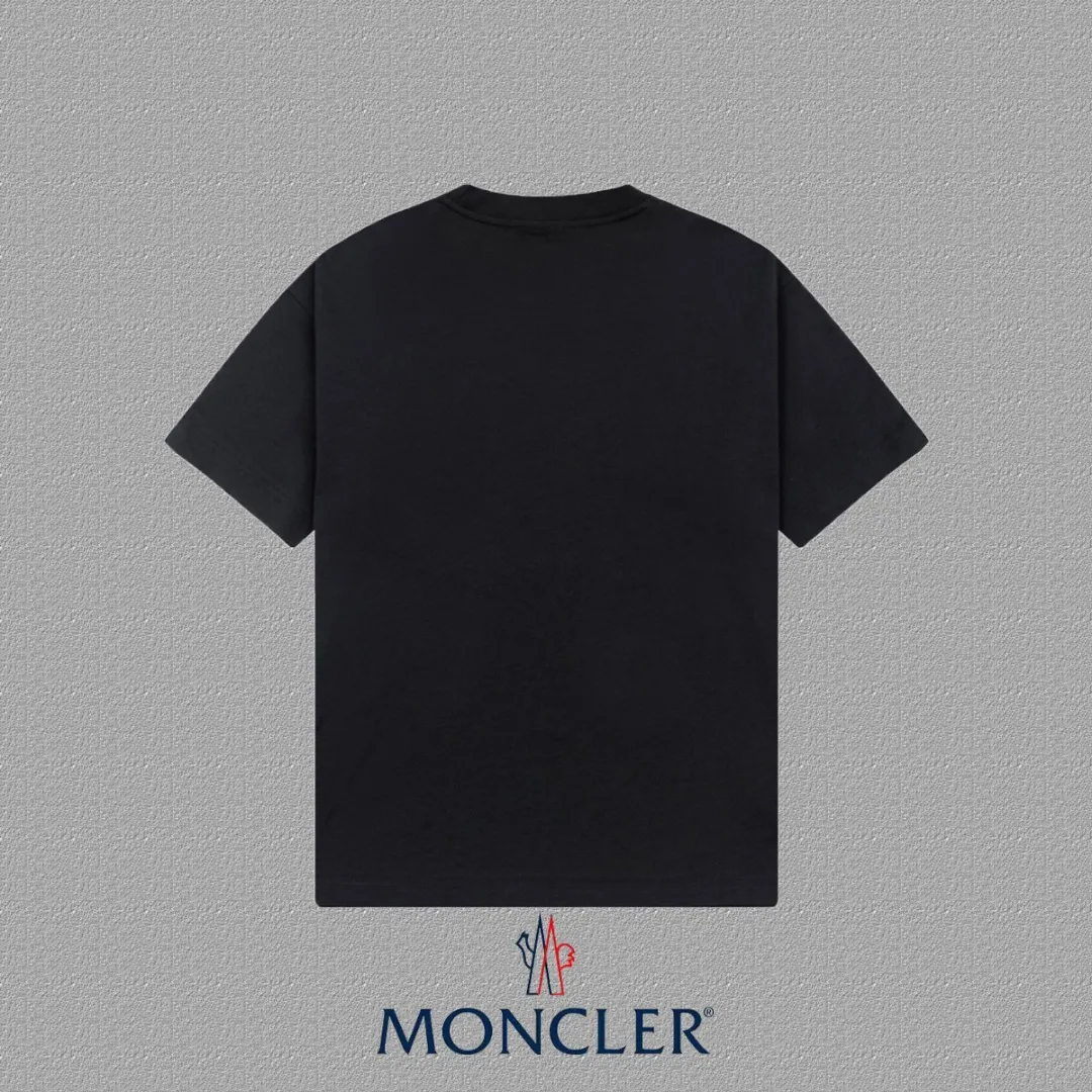 P140 [MONCLER] 2025FW short-sleeved T-shirt, LOGO printing, high-end 26s double yarn 300g fabric, heavy fabric, custom stretcher rib, same vat and dye, three standard complete, same style for men and women, color: black, white, size: S M L XL 2XL