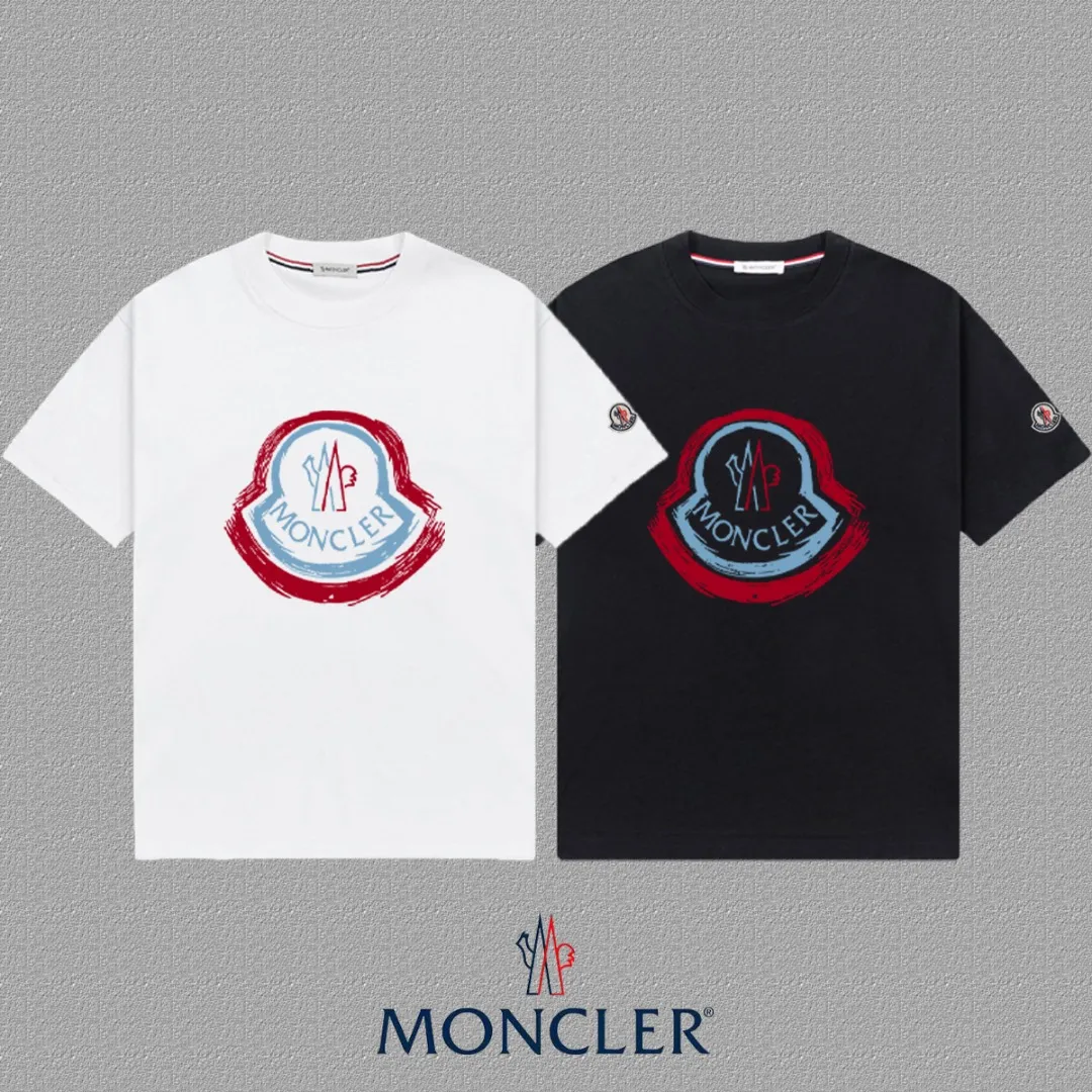 P140 [MONCLER] 2025FW short-sleeved T-shirt, LOGO printing, high-end 26s double yarn 300g fabric, heavy fabric, custom stretcher rib, same vat and dye, three standard complete, same style for men and women, color: black, white, size: S M L XL 2XL