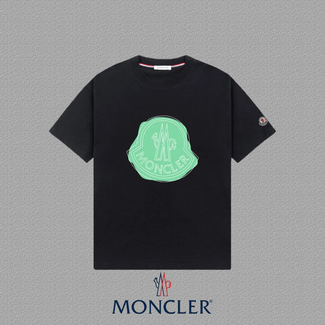 P140 🔥 [MONCLER] 2025FW short-sleeved T-shirt LOGO printing, high-end 26s double yarn 300g fabric, heavy fabric, custom stretcher rib, same vat and dye, complete three standards, same style for men and women, color: black, white, size: S M L XL 2XL